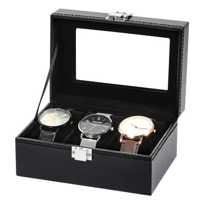 Watch Box Compact Three Slots with Glass Lid and Black Velvet Lining