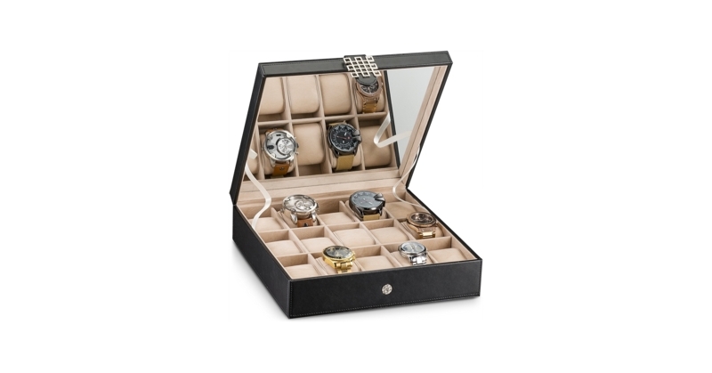 Watch Box Contrasting Tan Interior Glass Lid Metal Buckle 15 Slots