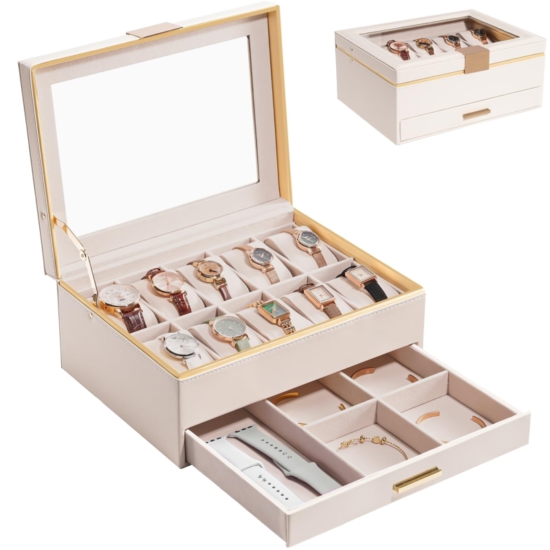 Watch Box Cream Leather 10-Slot Display Case Gold Accents