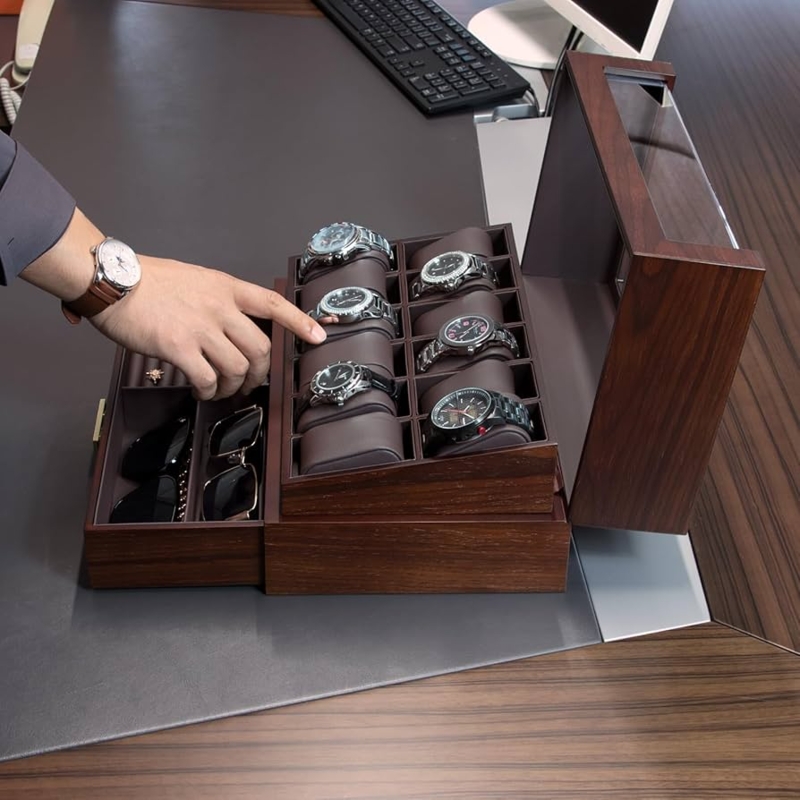 Watch Box, Dark Brown Wood, Glass Display Lid, Drawer