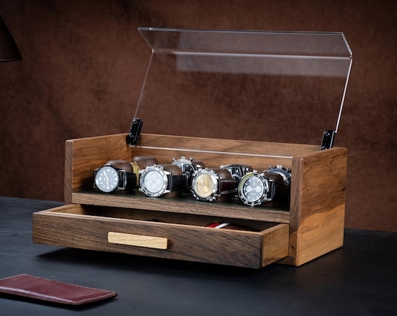 Watch Box Dark Walnut Tone with Clear Hinged Lid and Contrast Handle
