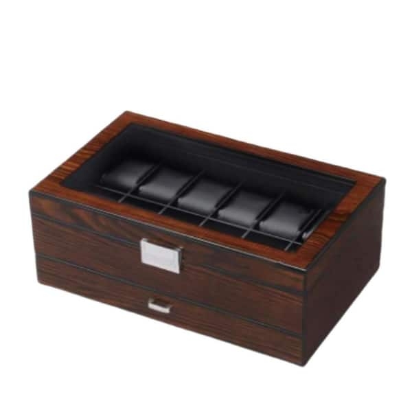 Watch Box Dark Wood Grain Glass Top Lower Valet Drawer Storage