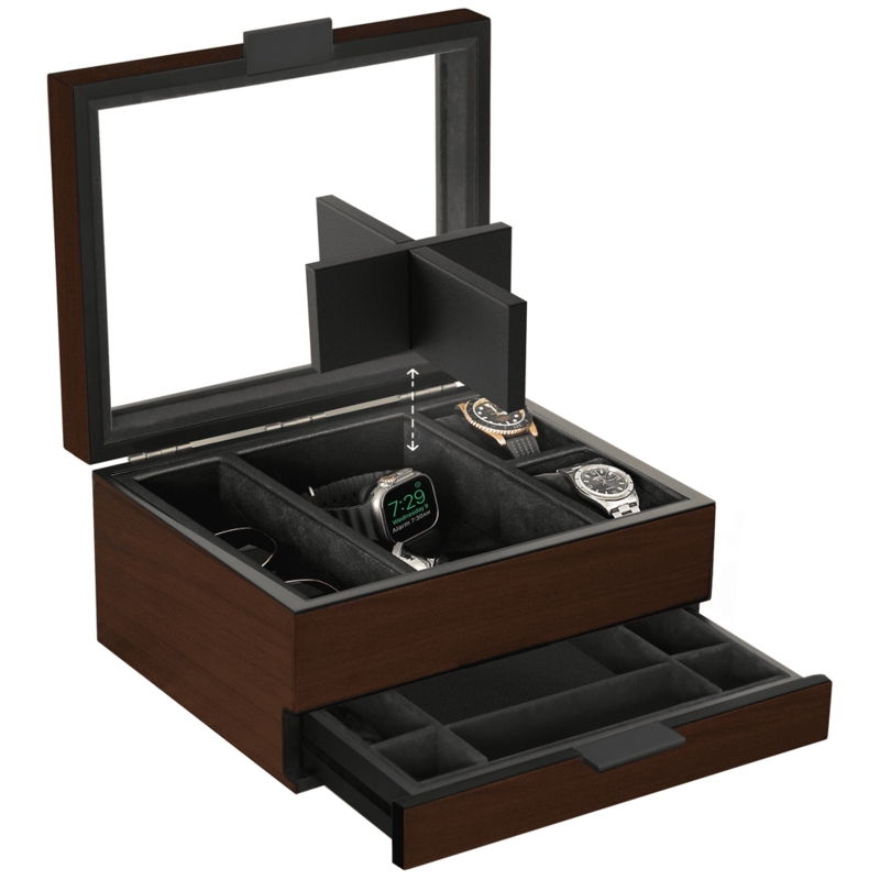 Watch Box Dark Wood-Toned Modular Compartments Glass Lid