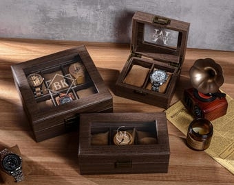 Watch Box Dark Wood with Monogrammed Glass Lid and Watch Cushions