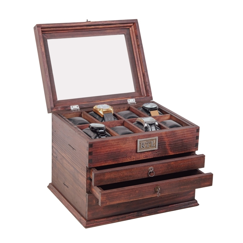 Watch Box, Distressed Wood, Three-Tier, Glass Top, Plaque