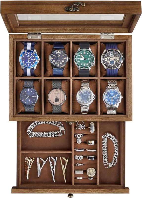 Watch Box Eight Slots Rustic Walnut Glass Lid Antique Latch