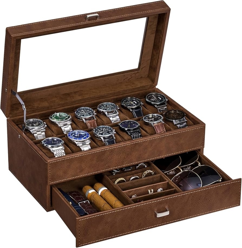 Watch Box, Espresso Finish, Glass Lid, Two-Tier Accessory Drawer
