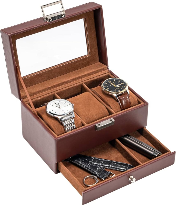 Watch Box, Espresso Leather-Like, 3 Slots, Glass Lid & Drawer