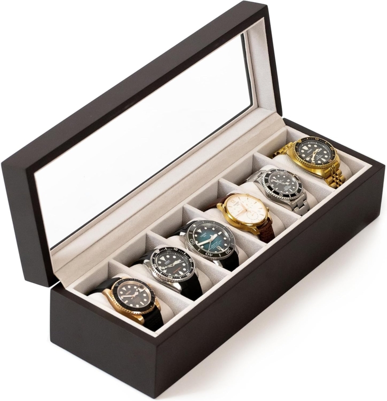 Watch Box Espresso Wood Finish Glass Display Top Six Slots Traditional