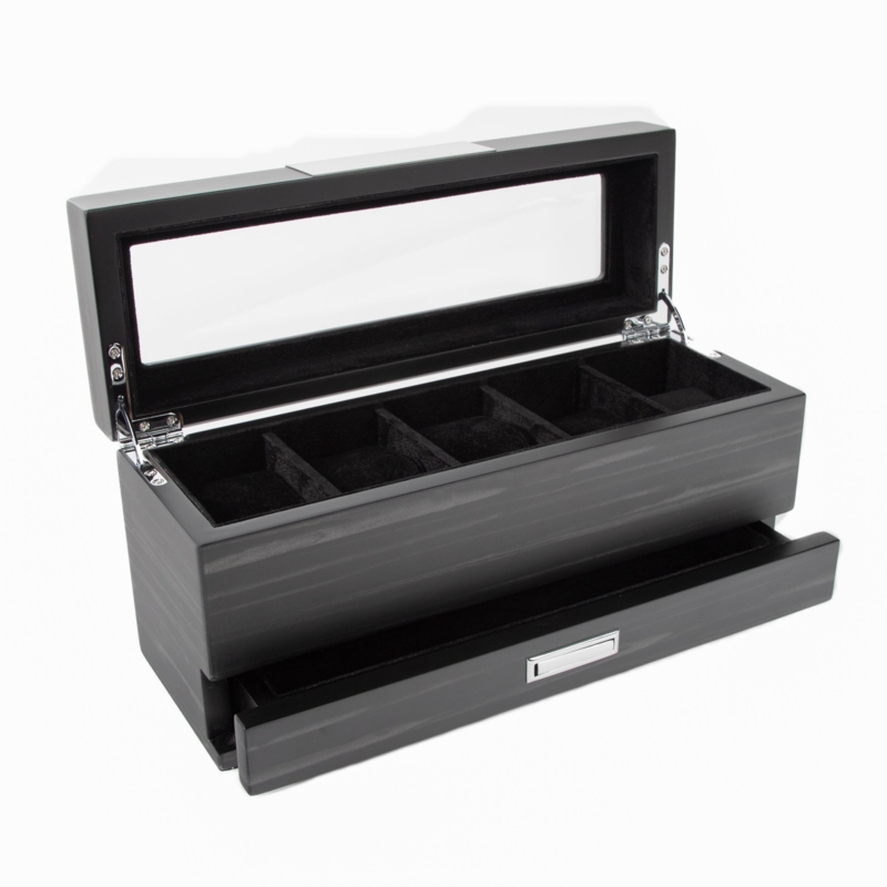 Watch Box Five Slot Finish with Jewelry Drawer and Glass Lid