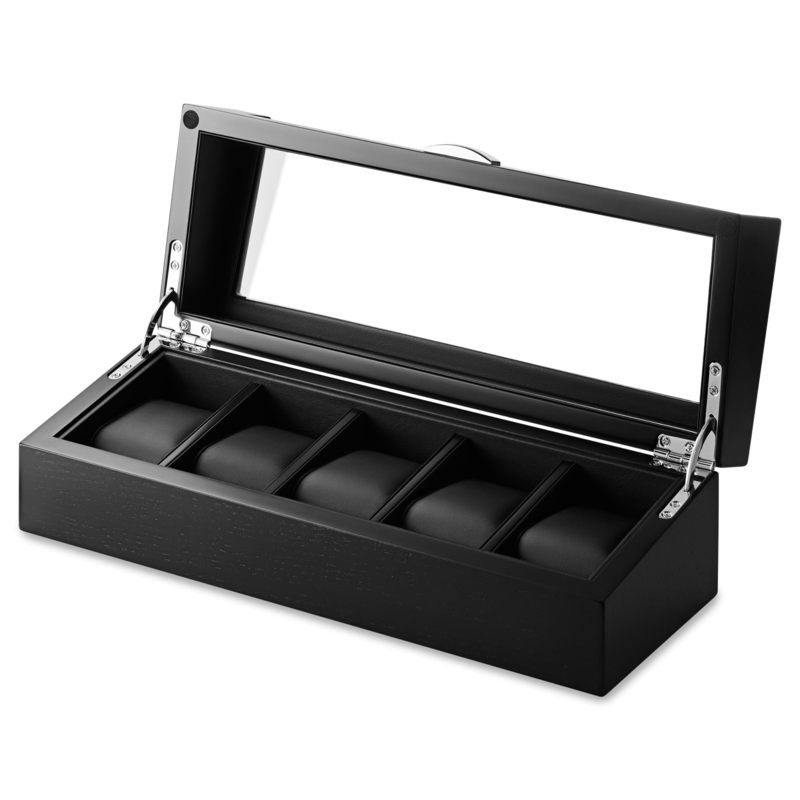 Watch Box Five Slot Wood Veneer with Silver Hinges & Glass Lid
