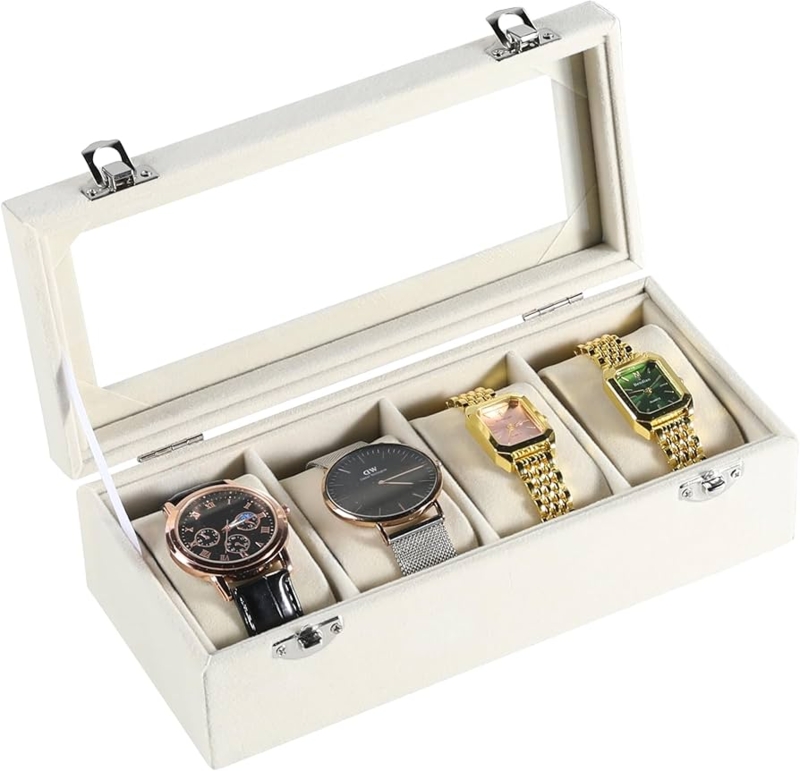 Watch Box Four Slot Beige Velvet Glass Lid Minimalist Organizer