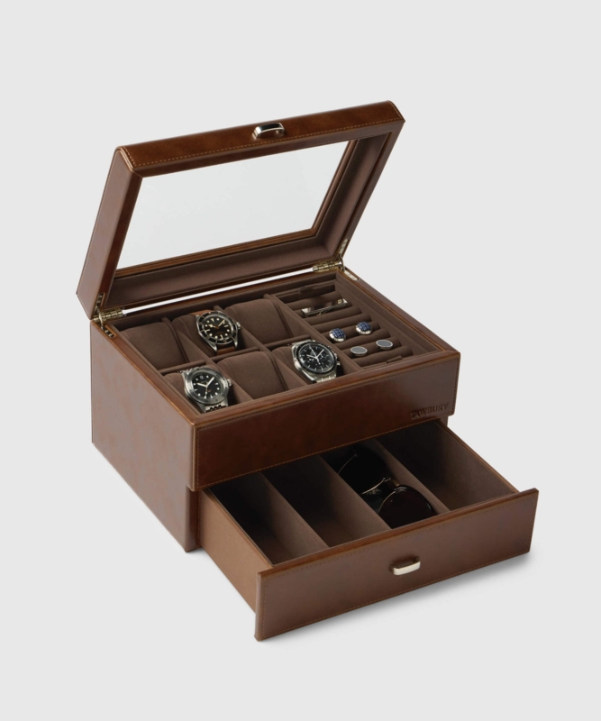 Watch Box Glass Top Brown Leather-Like Pull-Out Drawer