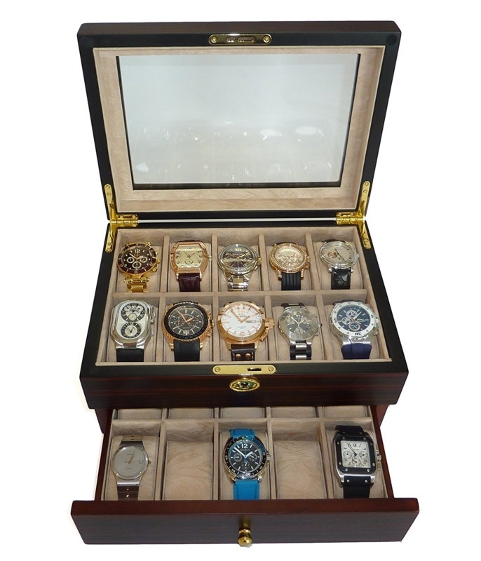 Watch Box, Glossy Wood-Toned, 20-Piece Capacity, Glass Top
