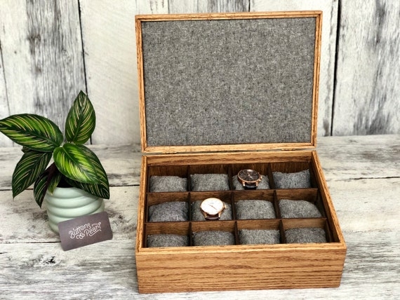 Watch Box: Handmade Hardwood Grain, Twelve Compartments, Grey Linen Lining