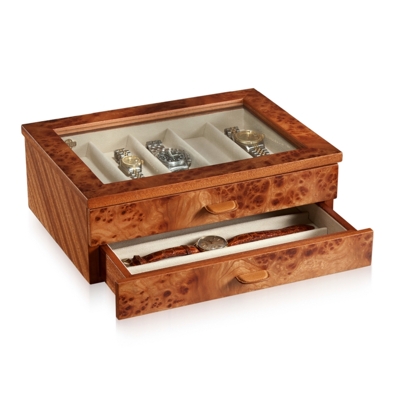 Watch Box, High-Gloss Burl Wood Finish, Glass Top, Two-Tier