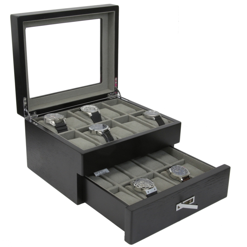 Watch Box Large Capacity Black Wood Finish Clear Window