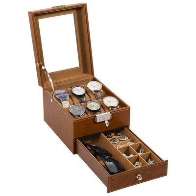 Watch Box: Lockable Leather Like, Two Tier Design, Watch Display Window