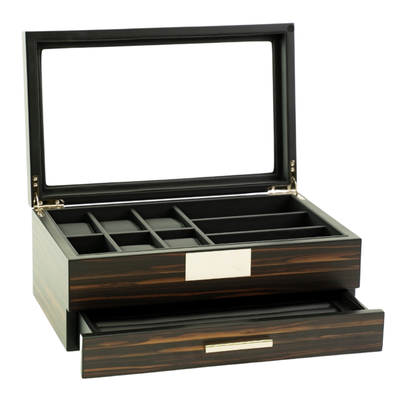Watch Box Luxury Dark Wood Grain Glossy Glass Top Gold Accents Drawer