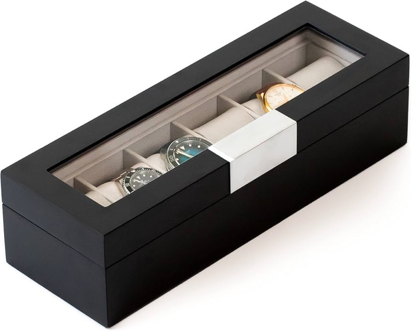 Watch Box Matte Black Finish with Oversized Metal Latch and Glass Lid