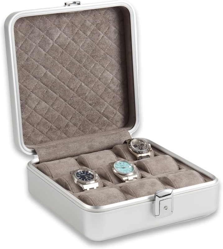 Watch Box Modern Aluminum with 9-Slot Capacity and Quilted Interior