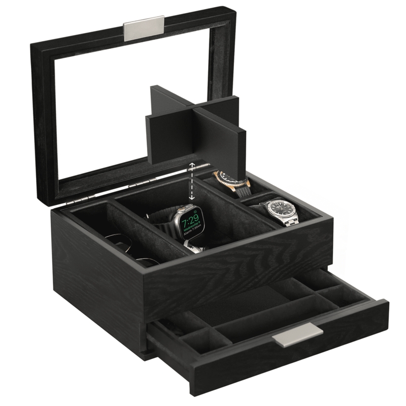 Watch Box Modular Dividers Wood Grain Finish with Glass Top