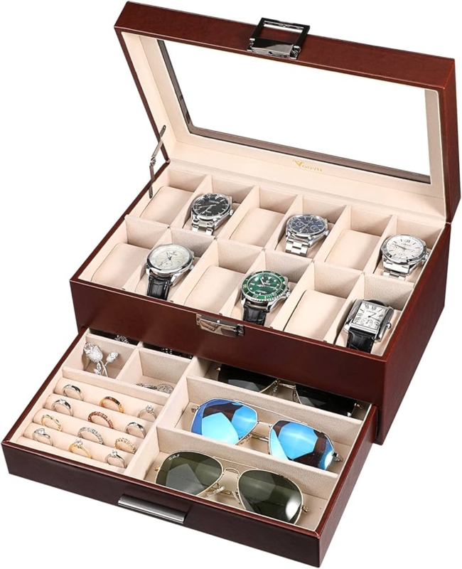 Watch Box Multi Accessory Storage Glass Top Brown Leather-Look Case