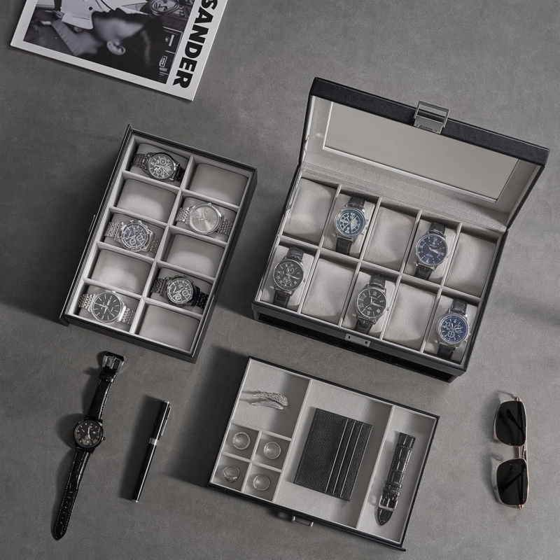 Watch Box Multi-Layer Organizer Set featuring Glass Lid and Accessory Tray