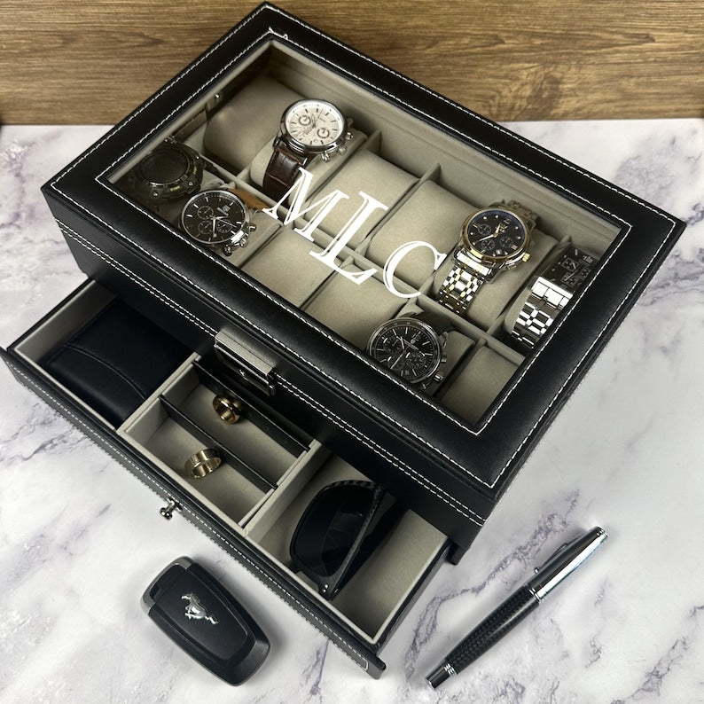 Watch Box Personalized Glass Lid Contrast Stitching Drawer Leather Like