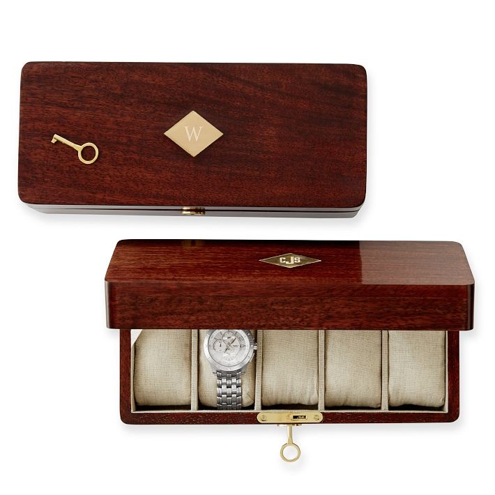 Watch Box, Polished Acacia Veneer, Gold Monogram Detail