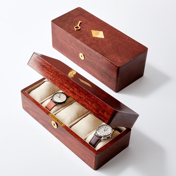 Watch Box, Reddish-Brown Wood, Gold Hardware, Keyed Lock