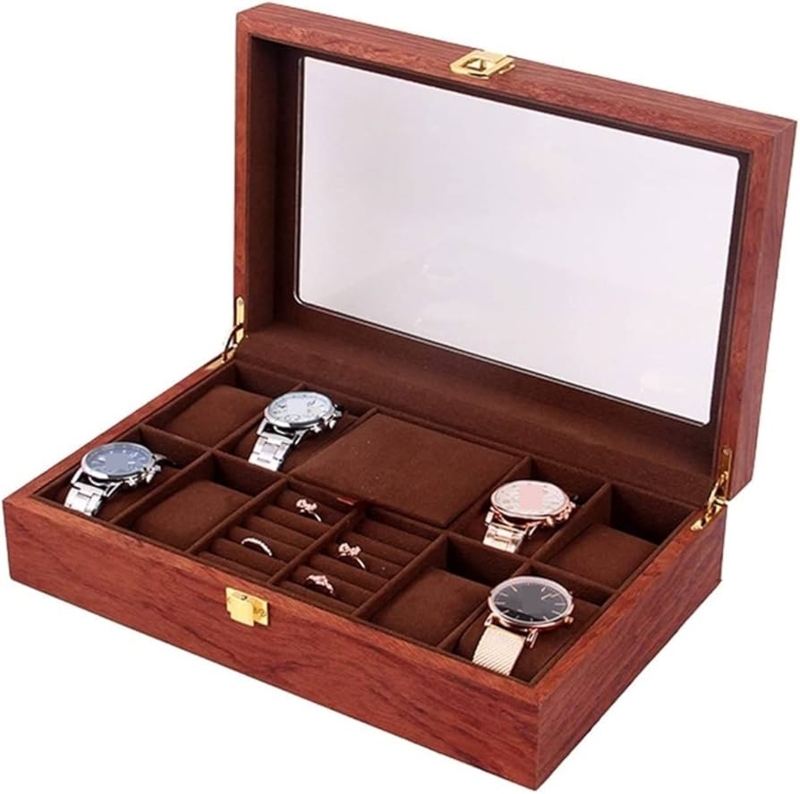 Watch Box Rosewood Finish Glass Window Ring Rolls Display Case