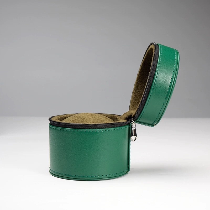 Watch Box Round Forest Green Leather-Like with Heart Zipper Pull