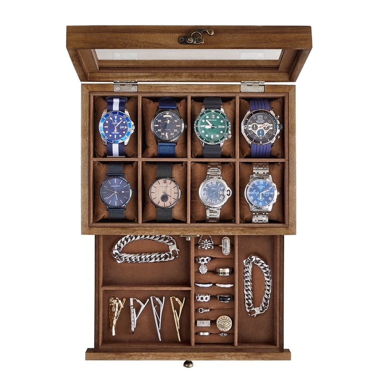 Watch Box Rustic Walnut Finish Eight Slot Glass Lid Jewelry Drawer