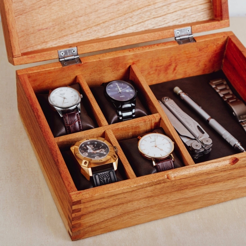 Watch Box Rustic Warm Wood Tone with Integrated EDC Storage Compartments