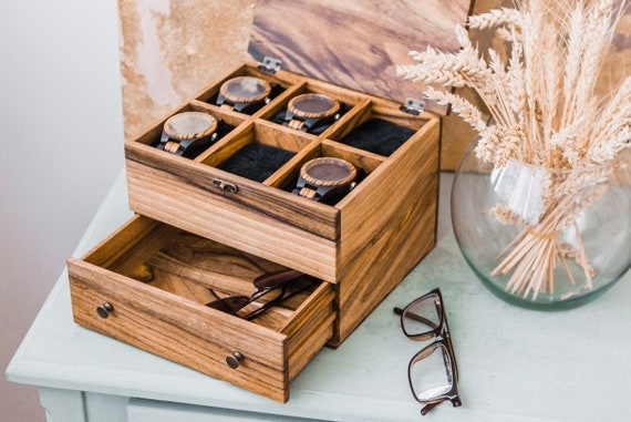 Watch Box, Rustic Wood, Two-Tier with Pull-Out Drawer