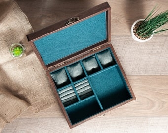 Watch Box: Rustic Wood Valet, Teal Interior, Multi Compartment Layout