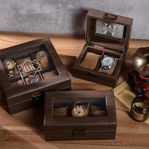 Watch Box Set, Dark Wood Toned with Glass Tops & Engraved Initials