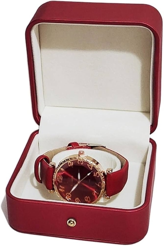 Watch Box Single Slot Red Leather-Like Gold Snap Travel Case