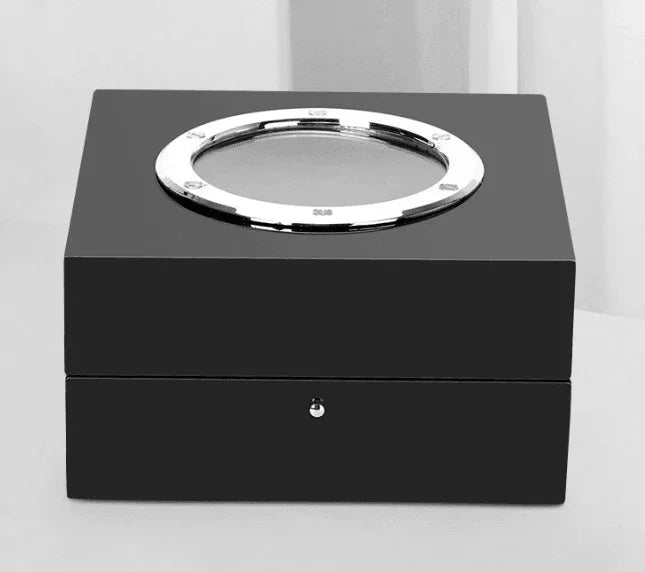 Watch Box Square Black Satin Finish with Modern Porthole Design Window