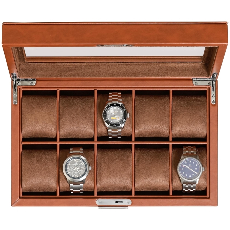 Watch Box, Tan Leather-Like, 10 Slots, Glass Display Top