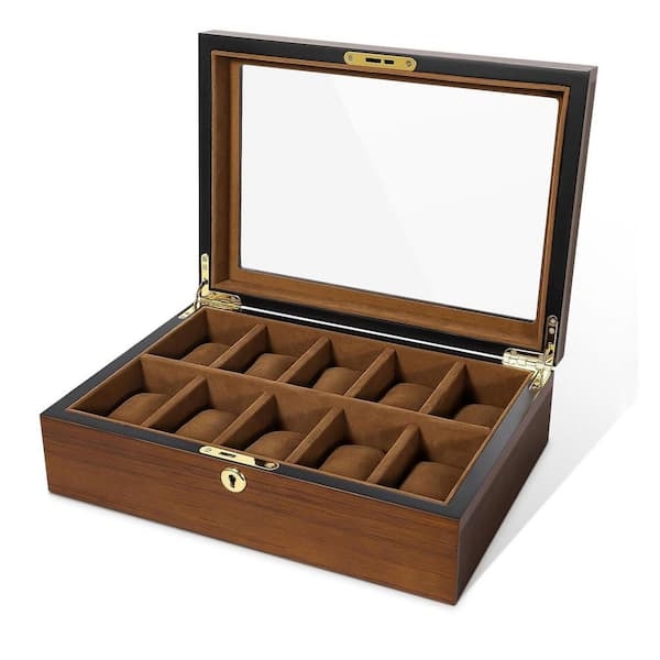 Watch Box Ten Slot Wood Toned Glass Display Lid Caramel Interior