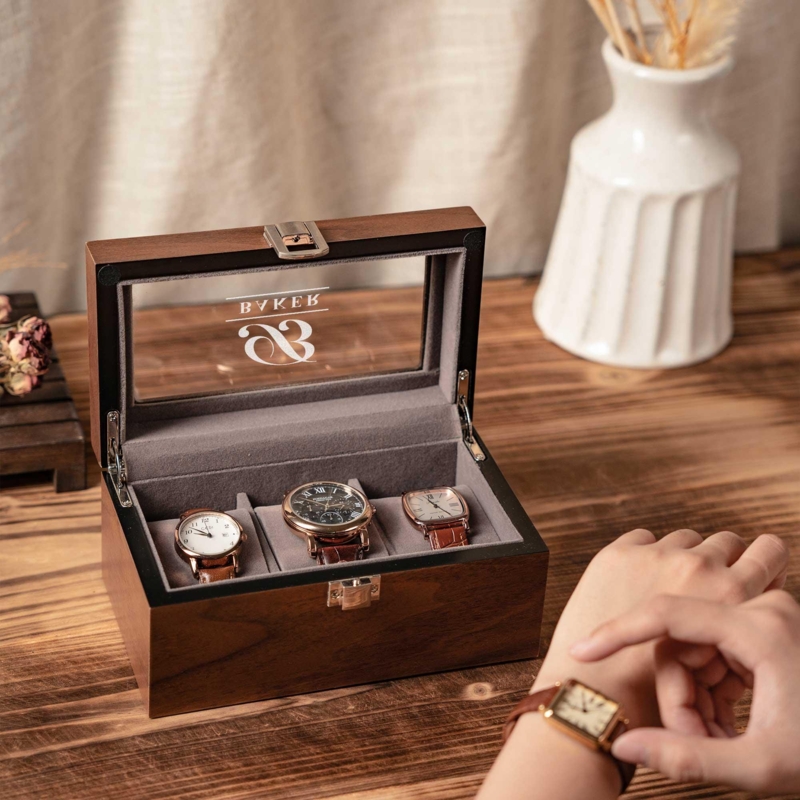 Watch Box Three Slot Design Glass Window Wood Toned Display Case