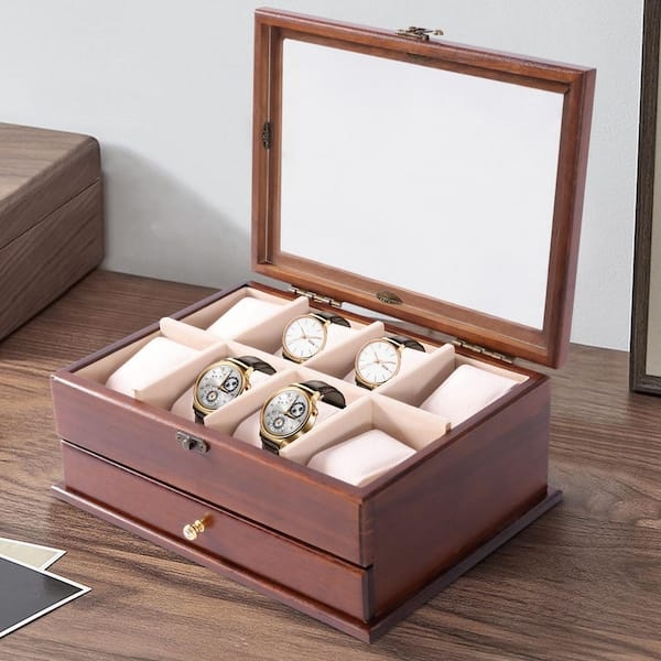 Watch Box, Traditional Vintage Brown with Eight Slots & Glass Lid