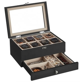 Watch Box Two Tier Black Leather Like Glass Lid Beige Lining