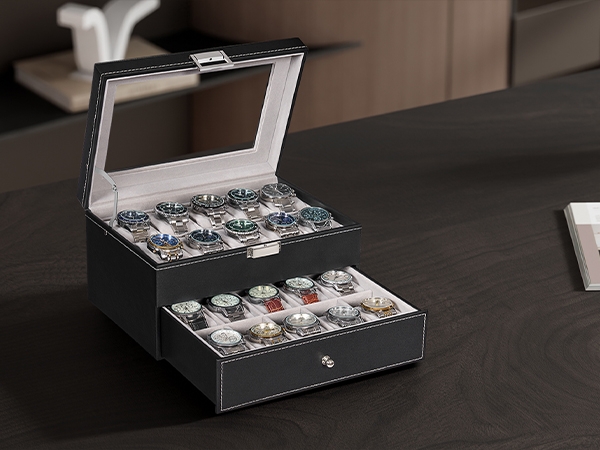 Watch Box Two-Tier Black with Contrast Stitching and Glass Display Lid