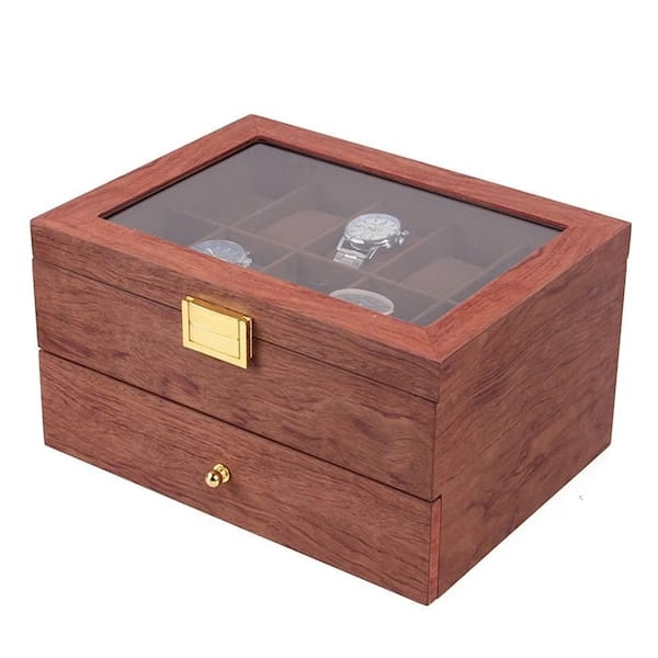 Watch Box, Two-Tier Reddish-Brown Wood, Glass Top, Gold Latch