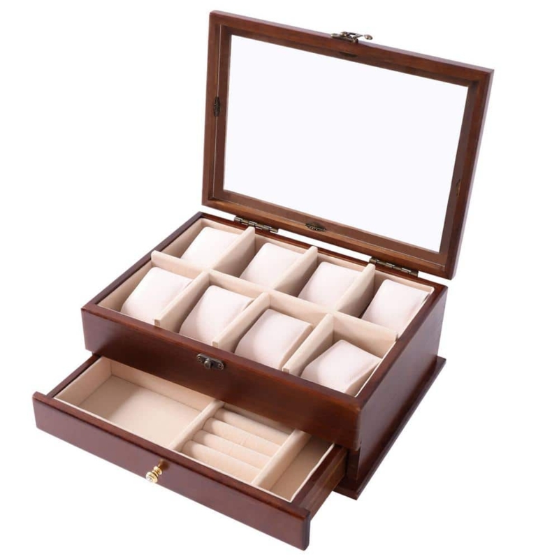 Watch Box Vintage Wood Organizer, Glass Top, Integrated Jewelry Drawer