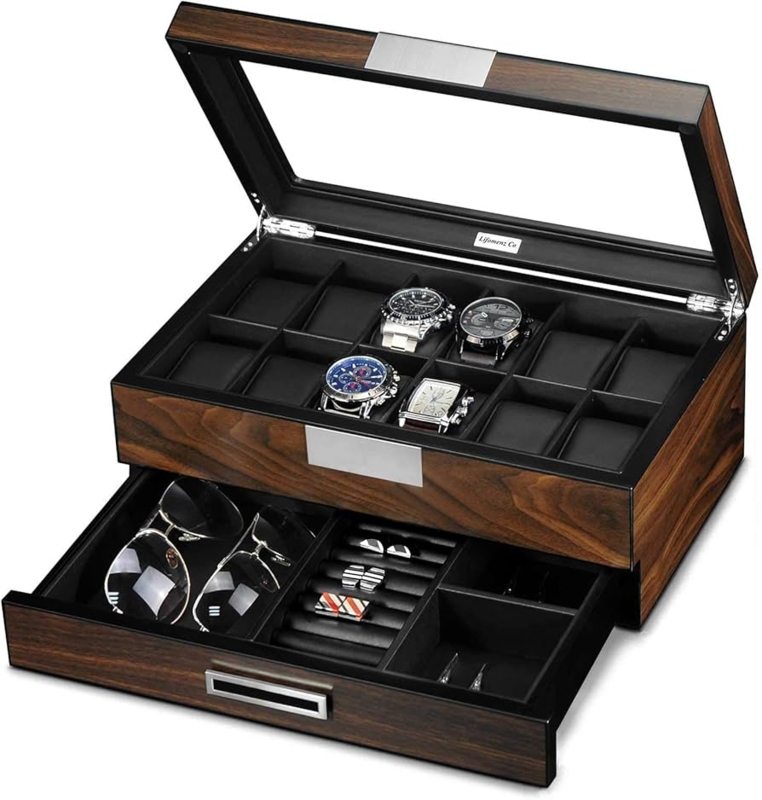 Watch Box Walnut Finish 12 Slot Glass Window Valet Drawer Satin