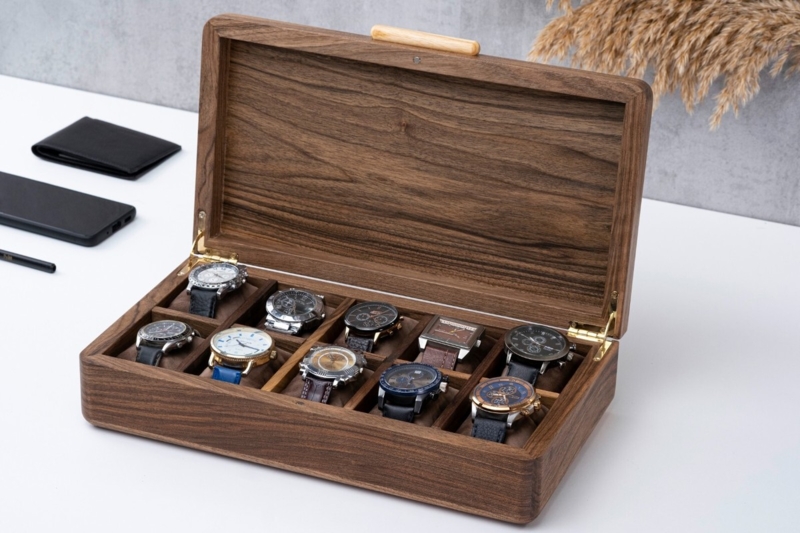 Watch Box, Walnut-Toned Wood, 10 Slots, Gold Hinges